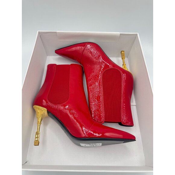 Balmain Moneta Engraved Heeled Red Ankle Boots - Picture 2 of 12